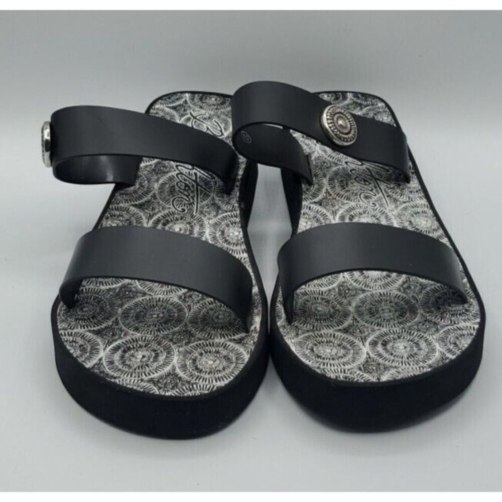 Brighton Sandals Size 10 Leather Black Medallion Wedge Cushioned Slip On - Picture 2 of 14